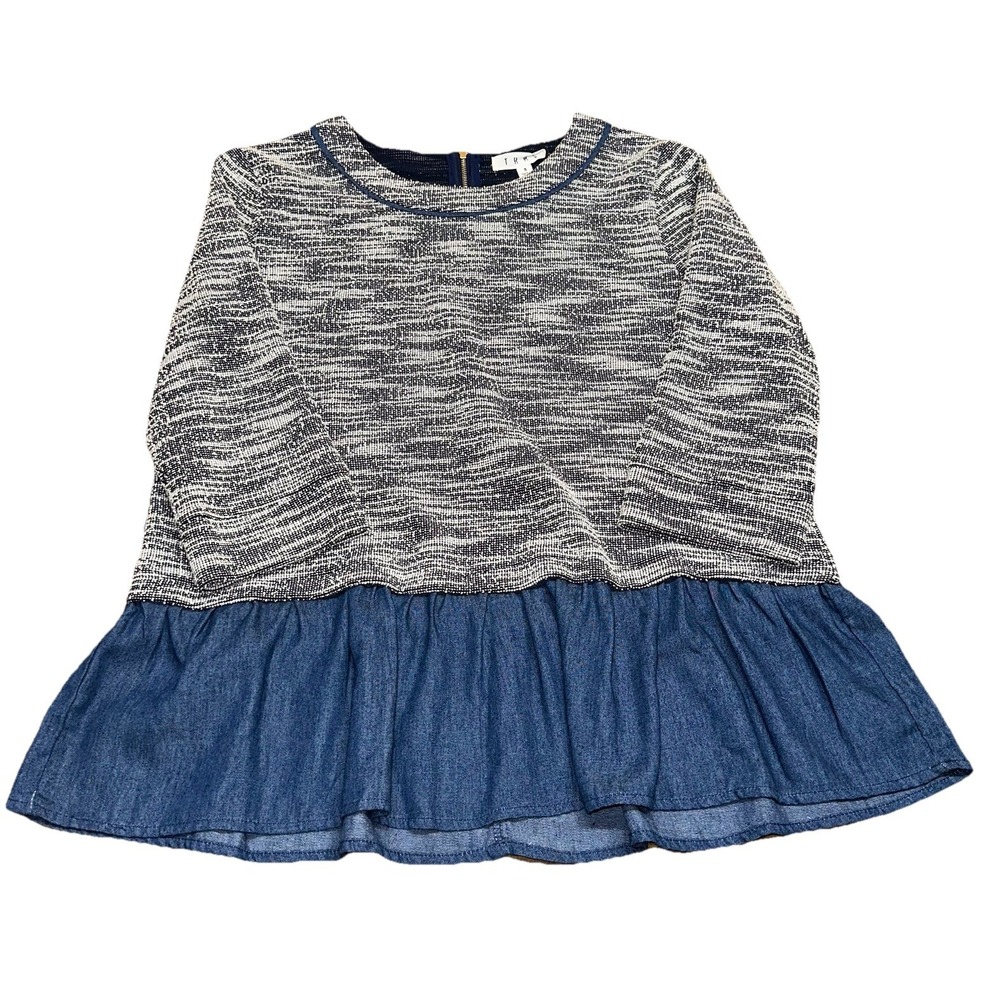 NWT Anthropologie THML Blue Textured Knit & Denim Ruffle Peplum Top Womens S $49